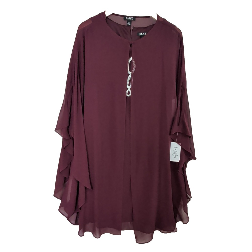 SLNY Chiffon Swing Dress Matching Cape Womens 16 Burgundy Mother of Bride Event